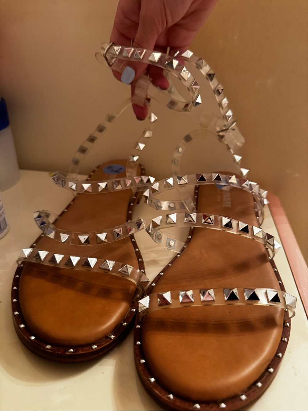 Clear Strappy Sandals with Silver Pyramid Studs